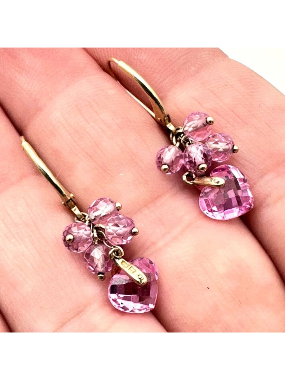 10K Yellow Gold Pink Topaz Heart Pierced Chandelier 1.25 Inch Earrings